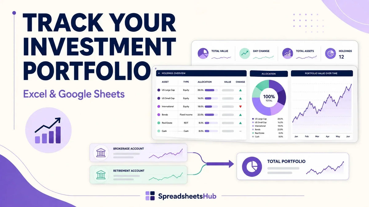 Illustrated investment portfolio spreadsheet with holdings, asset allocation and linked brokerage accounts