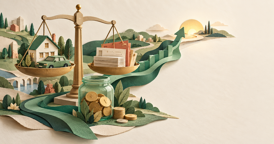 Paper collage of a scale weighing a house and car against a stack of bills, with a coin jar and a road rising into a green arrow, illustrating net worth