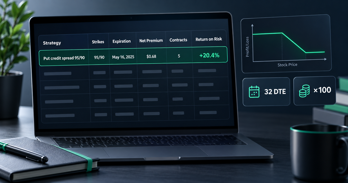 Options trading journal spreadsheet with strategy, strikes, expiration, premiums, contracts and a return-on-risk report