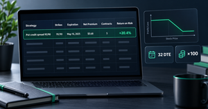 Options trading journal spreadsheet with strategy, strikes, expiration, premiums, contracts and a return-on-risk report