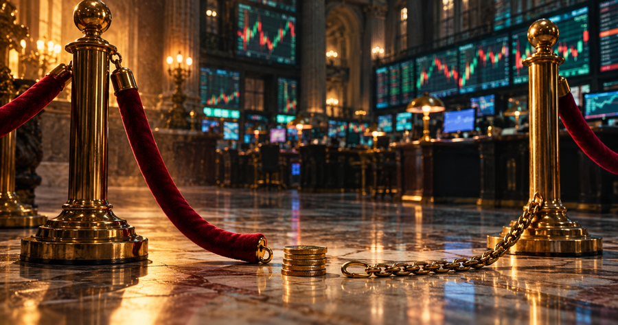 Velvet rope barrier with its chain unhooked on a trading floor, a small stack of coins now free to pass, for the end of the $25,000 pattern day trader rule