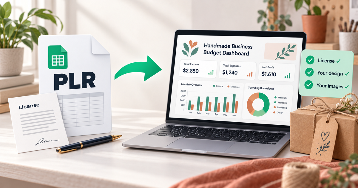 PLR spreadsheet being reworked into an original Etsy digital download with a license check and a design checklist