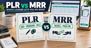 PLR vs MRR digital product licenses compared side by side with a spreadsheet template