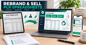 Rebranding a PLR spreadsheet template: original file, custom colours and logo, and the finished Etsy listing