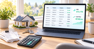 Rental property income and expense spreadsheet with rent, expense categories, net operating income and cash flow
