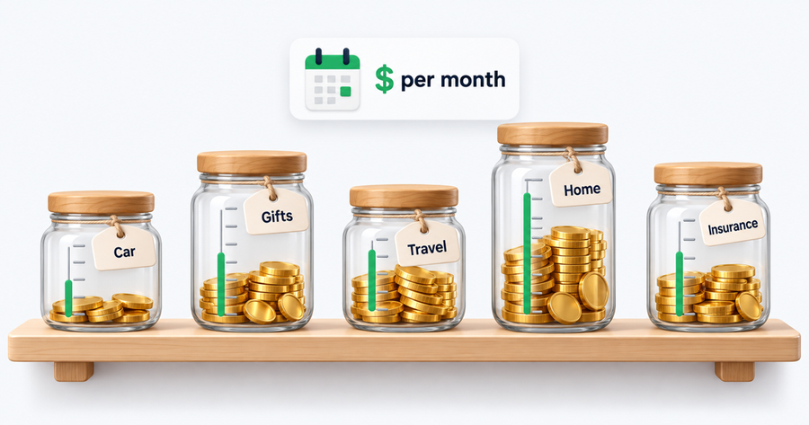 Five savings jars labeled car, gifts, travel, home and insurance filling up at different levels