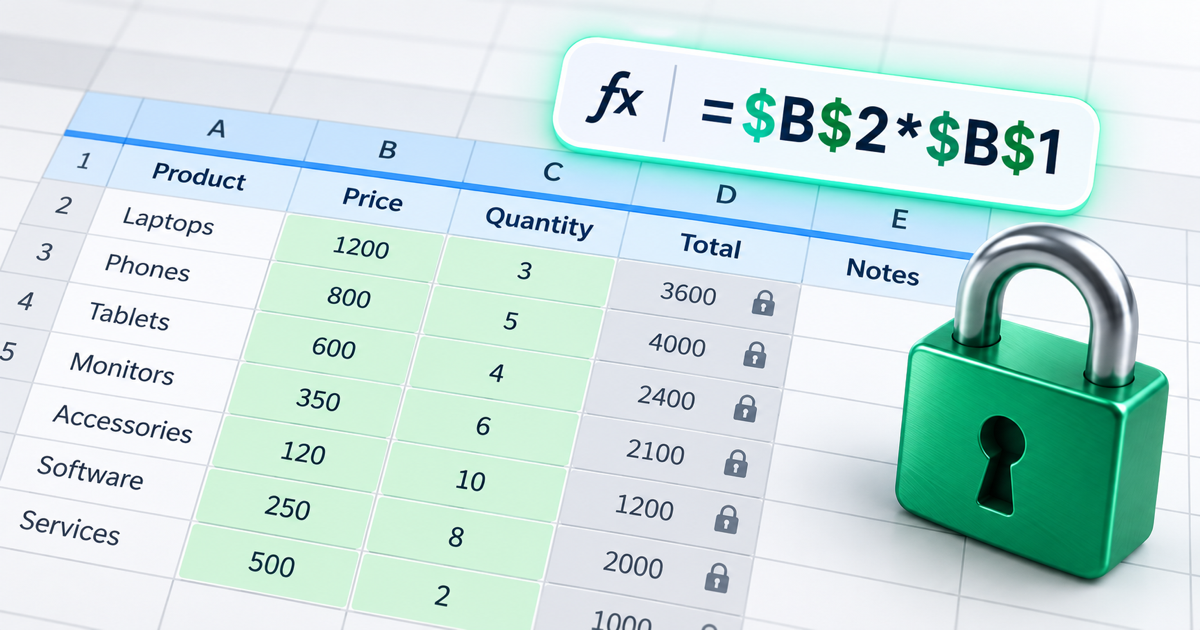 Spreadsheet with locked formula cells, unlocked input cells, a frozen header row and a $A$1 absolute reference