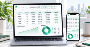 Stock portfolio tracker in Google Sheets with live prices, average cost, unrealized and realized gains and an allocation chart