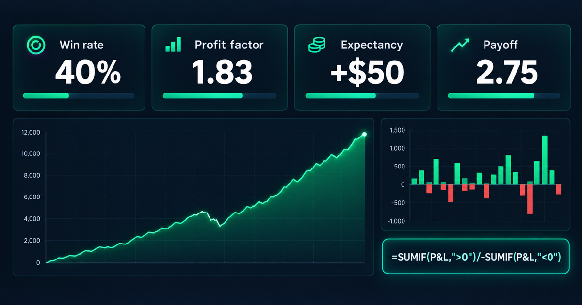 Trading journal dashboard showing win rate, profit factor, expectancy and payoff ratio
