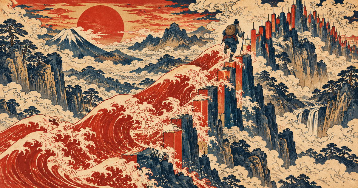 Ukiyo-e style climber on candlestick-shaped cliffs while a red wave rises step by step behind him, like a trailing drawdown following the account peak