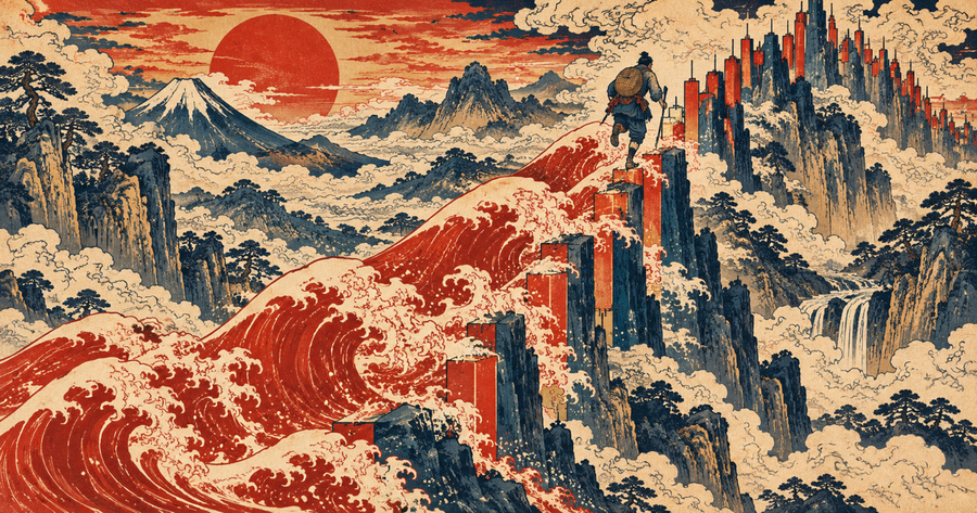 Ukiyo-e style climber on candlestick-shaped cliffs while a red wave rises step by step behind him, like a trailing drawdown following the account peak