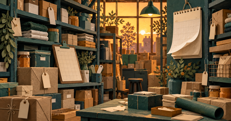 Small business stockroom shelves being counted for the year-end inventory count