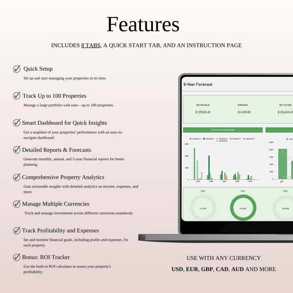 Airbnb Bookkeeping Income & Expense Spreadsheet Template | Excel & Google Sheets (Green Theme) - SpreadsheetsHub