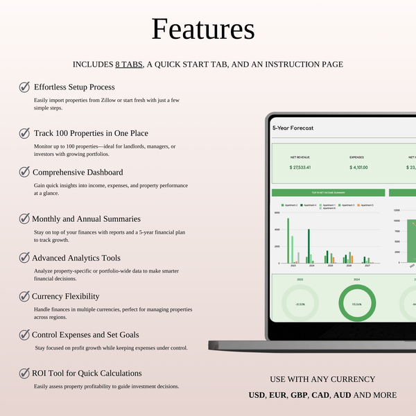 Zillow Rental Property Management | Income & Expense Tracker (Green Theme) - SpreadsheetsHub