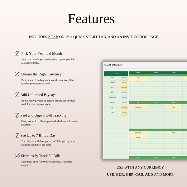 Monthly Bill Calendar Spreadsheet Template (Green Theme)