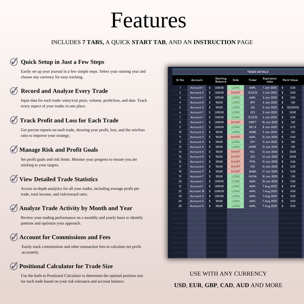 Features - Futures Trading Journal - SpreadsheetsHub