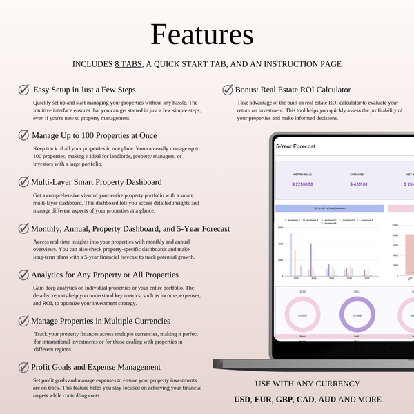 Airbnb Property Management Income & Expense Tracker | Excel & Google Sheets Template (Rainbow Theme) - SpreadsheetsHub