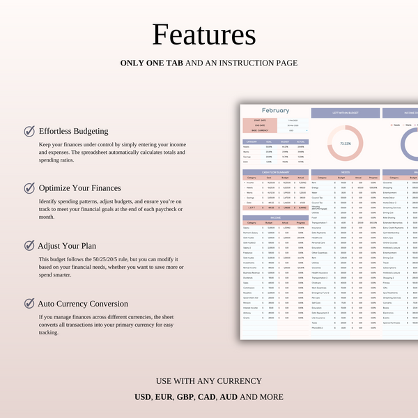 50/25/20/5 Budget Spreadsheet Template | Excel & Google Sheets