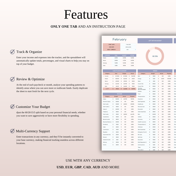 60/20/15/5 Budget Spreadsheet Template | Excel & Google Sheets