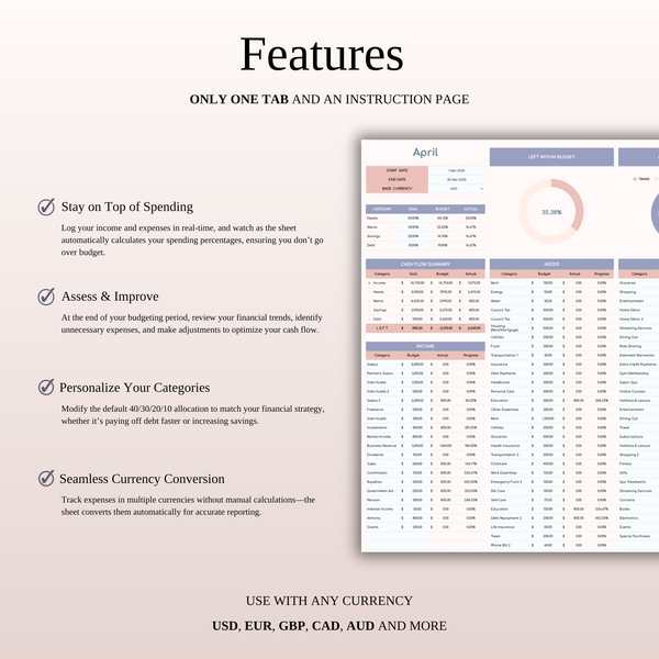 40/30/20/10 Budget Spreadsheet Template | Excel & Google Sheets