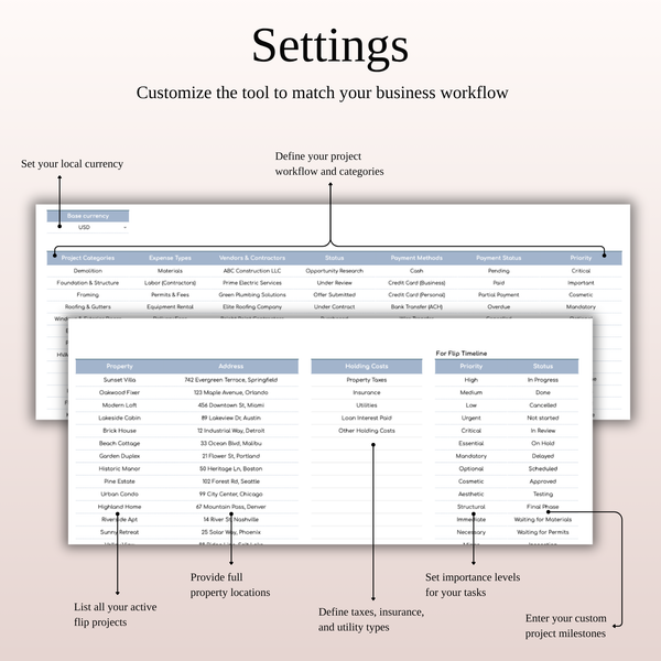 Settings - House Flip Calculator - SpreadsheetsHub