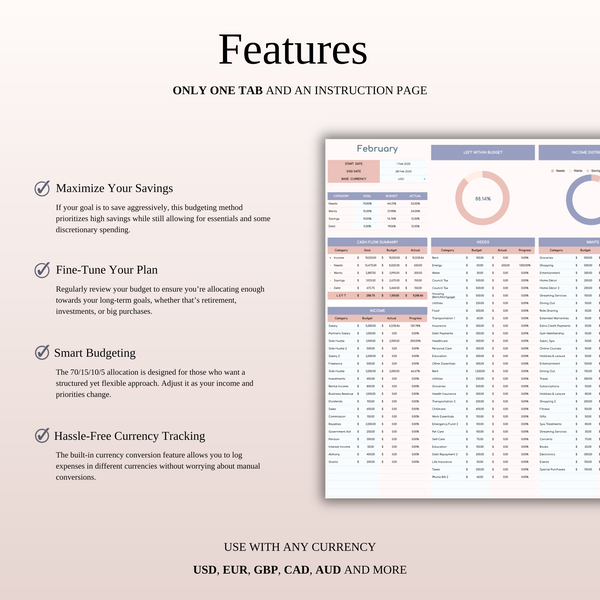 70/15/10/5 Budget Spreadsheet Template | Excel & Google Sheets