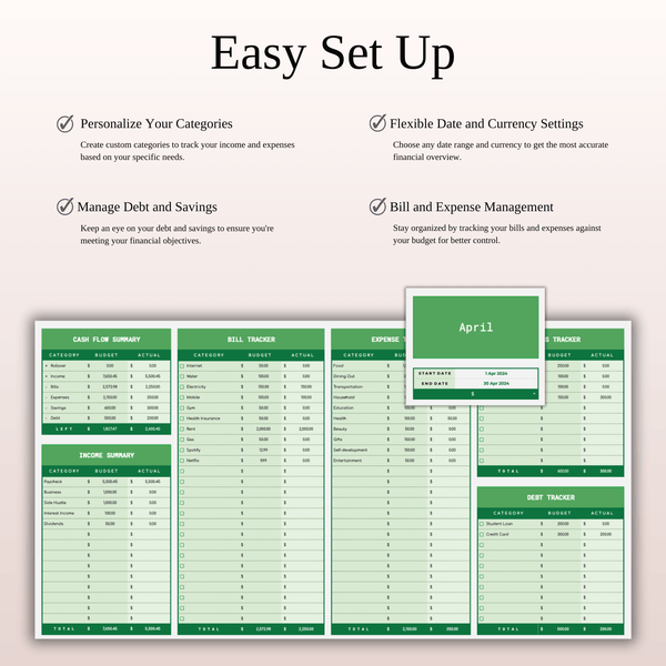 Budget Planner Excel & Google Sheets, Monthly Budget Spreadsheet, Personal Finance Tracker (Green Theme) - SpreadsheetsHub