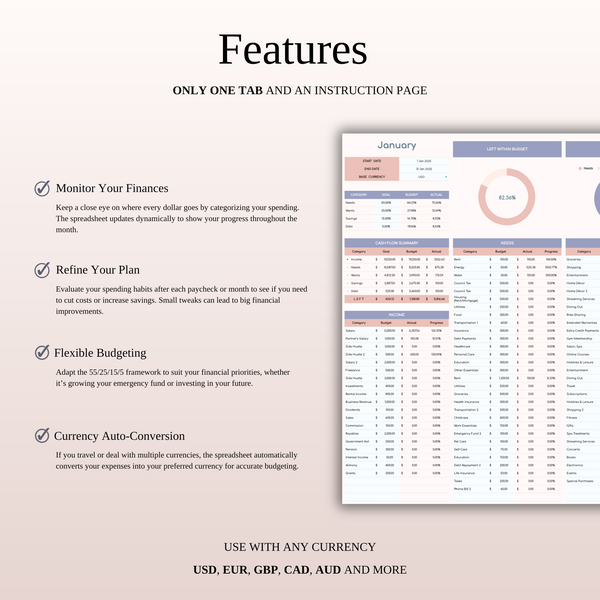 55/25/15/5 Budget Spreadsheet Template | Excel & Google Sheets