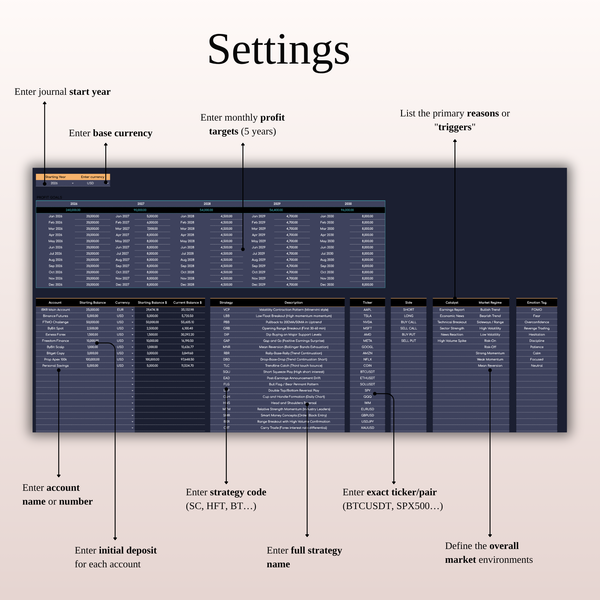 Settings Swing Trading Journal - SpreadsheetsHub