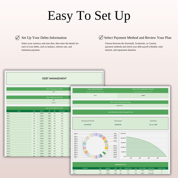 Debt Repayment Spreadsheet | Snowball, Avalanche, and Custom Order (Green Theme) - SpreadsheetsHub