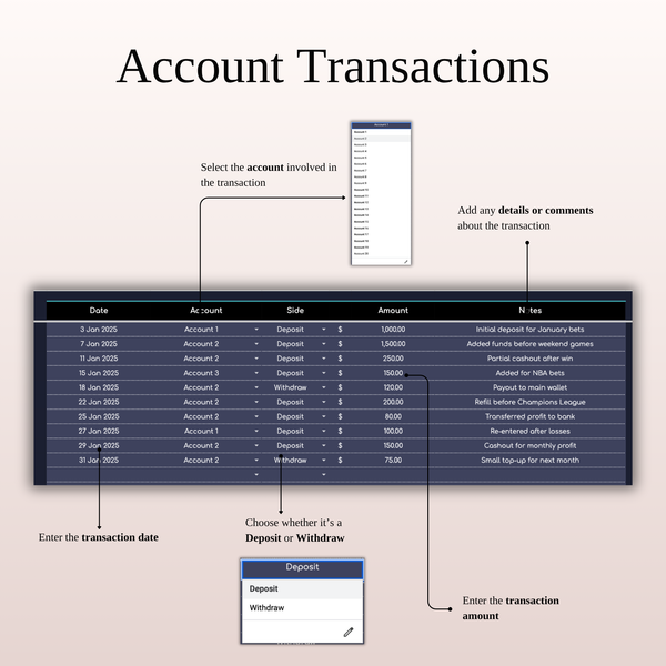 Transaction Tracker - Sports Betting Journal (Dark Mode) 