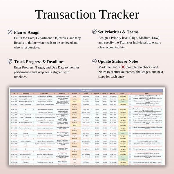 OKR Tracker Transaction Tracker  - SpreadsheetsHub