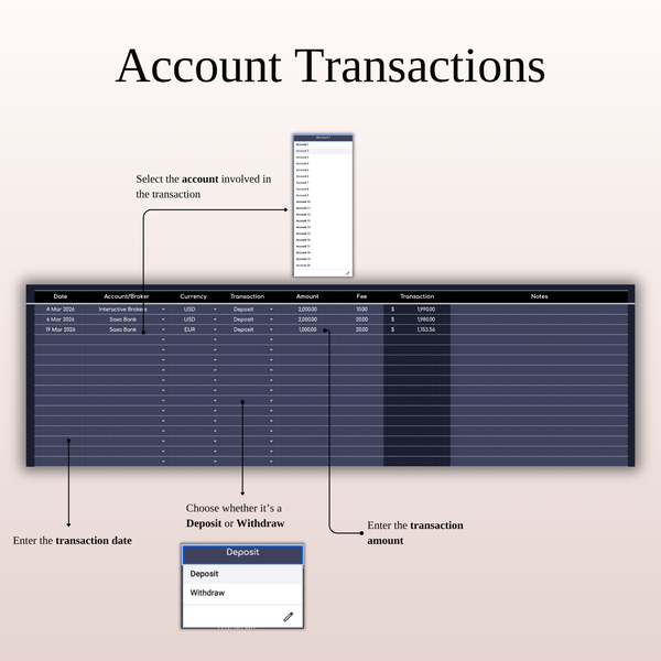 Account Transactions Retirement Portfolio Tracker | Dark Mode