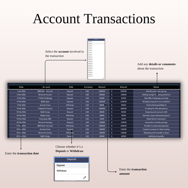 Account Transactions Swing Trading Journal - SpreadsheetsHub