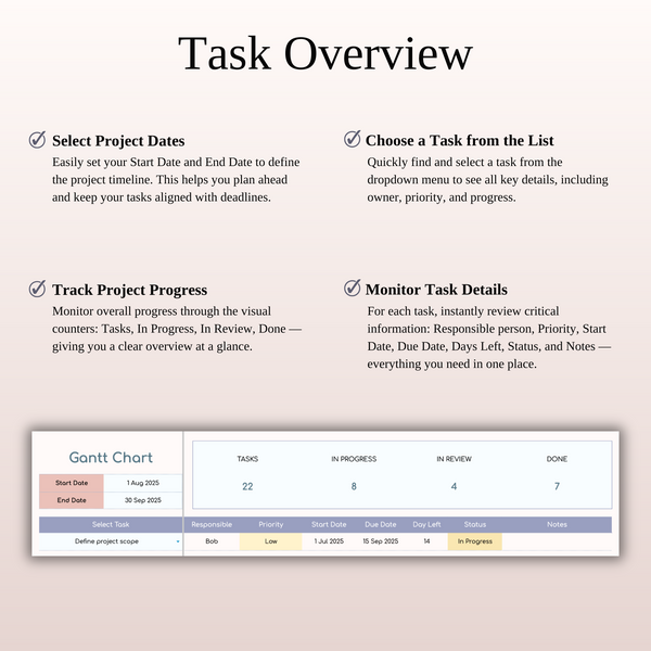 Gantt Chart Task Overview - SpreadsheetsHub