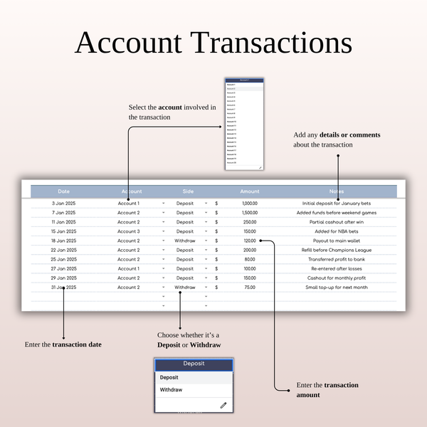 Account Transactions - Sports Betting Journal | SpreadsheetsHub