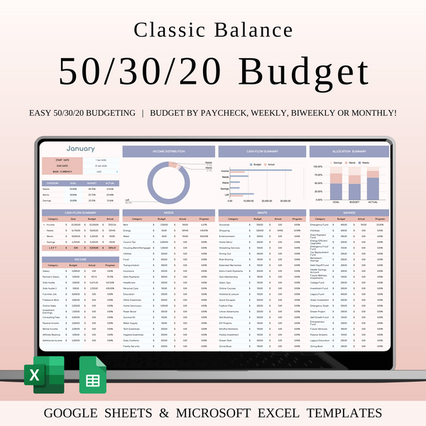 50/30/20 Budget Spreadsheet Template | Excel & Google Sheets