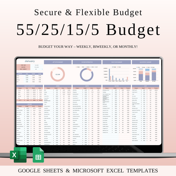 55/25/15/5 Budget Spreadsheet Template | Excel & Google Sheets