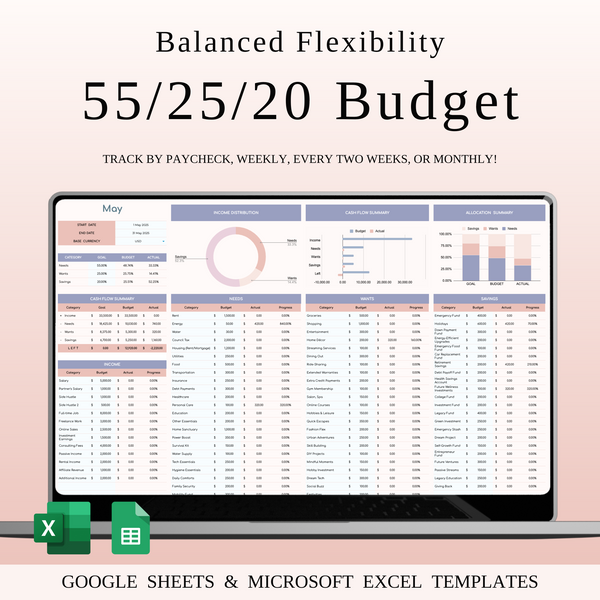 55/25/20 Budget Spreadsheet Template | Excel & Google Sheets