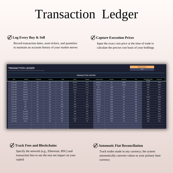 Transaction  Ledger - Ultimate Crypto Portfolio Tracker - SpreadsheetsHub