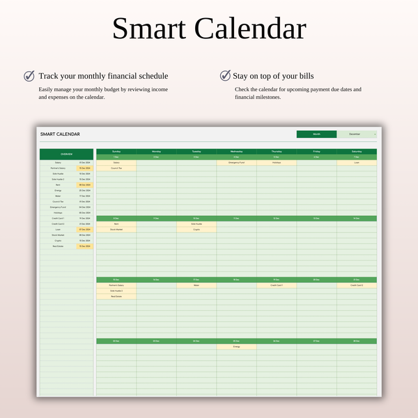 Monthly Bill Calendar Spreadsheet Template (Green Theme)