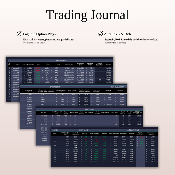 Trading Journal - Options Trading Journal Template (Dark Mode) | SpreadsheetsHub