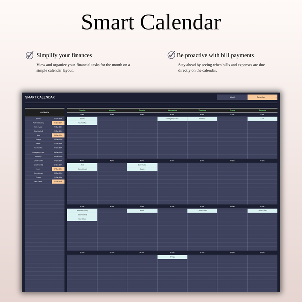 Bill Payment Calendar Template Excel & Google Sheets (Dark Theme)