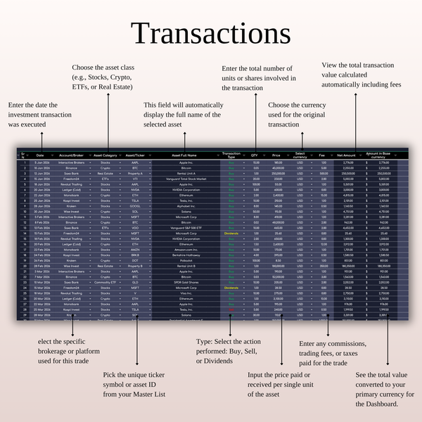 Transactions Investment Portfolio Tracker - SpreadsheetsHub
