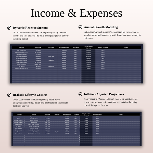 Income & Expenses Retirement Portfolio Tracker | Dark Mode