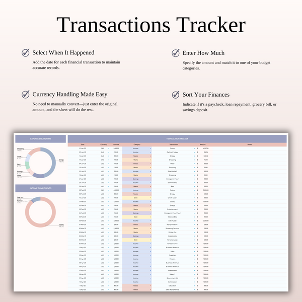 70/15/10/5 Budget Spreadsheet Template | Excel & Google Sheets