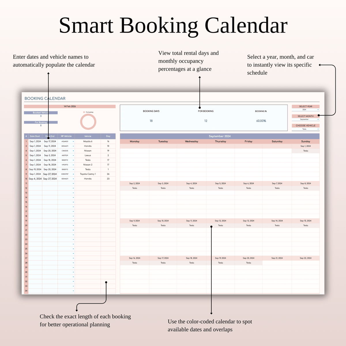 Vehicle Rental Booking Tracker Spreadsheet Excel & Google Sheets