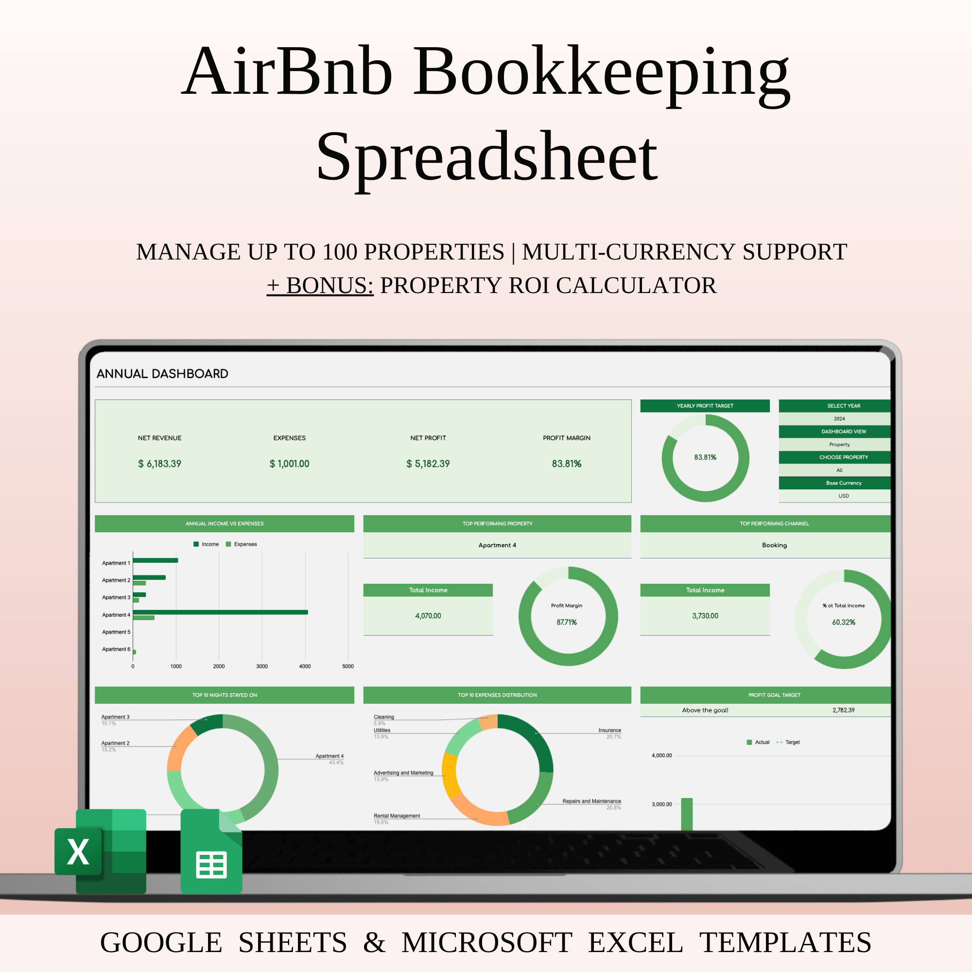 Airbnb Bookkeeping Spreadsheet Template (Green Theme)
