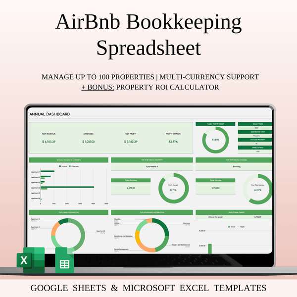 Airbnb Bookkeeping Income & Expense Spreadsheet Template | Excel & Google Sheets (Green Theme) - SpreadsheetsHub