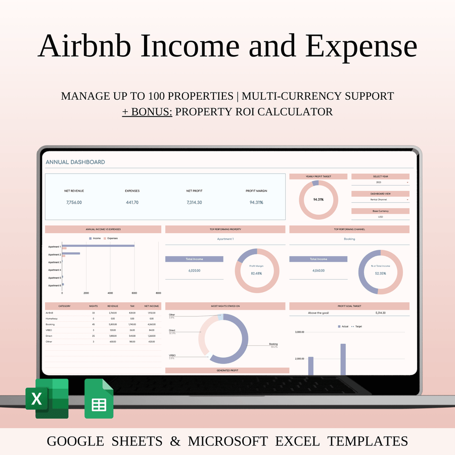 Airbnb Income and Expense Spreadsheet for Hosts & Property Managers in Excel & Google Sheets